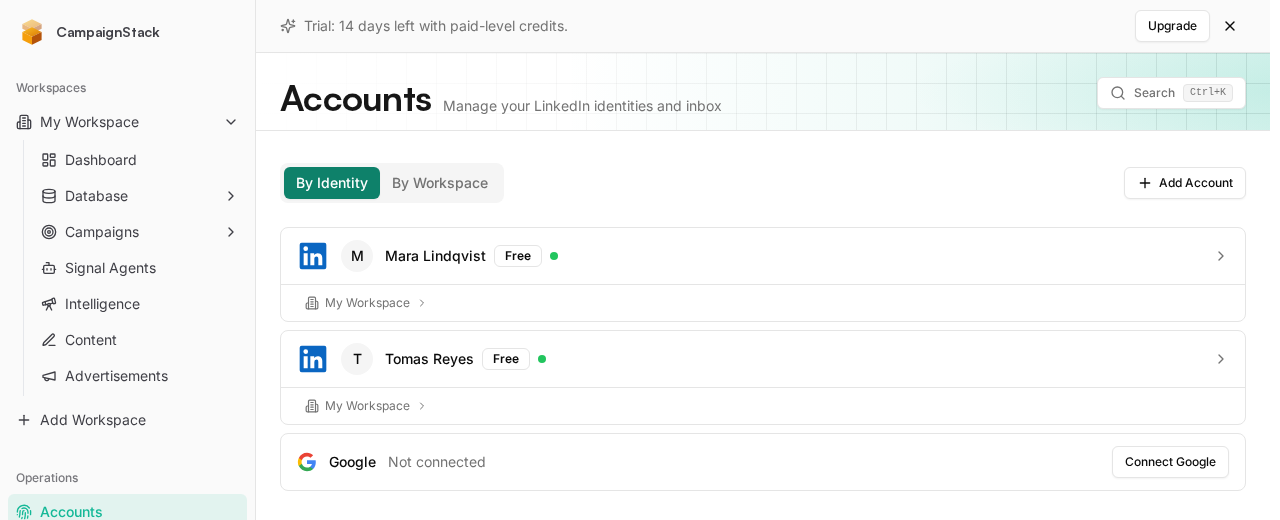The Accounts page under Operations, listing two connected LinkedIn accounts with their status and the workspaces each is linked to