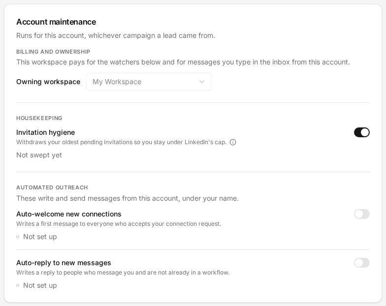 The Automation tab of an account: the invitation hygiene switch under Housekeeping, and the connection and message watchers under Automated outreach