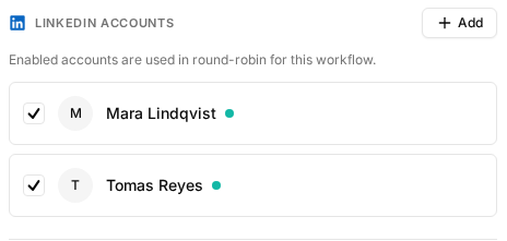 The LinkedIn Accounts card in a workflow's settings, with two accounts enabled for rotation