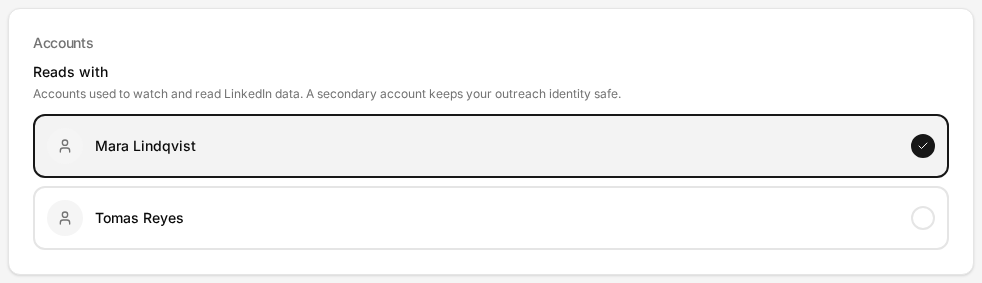 The Accounts card on a signal agent's settings page, with the reading pool and one of two accounts selected