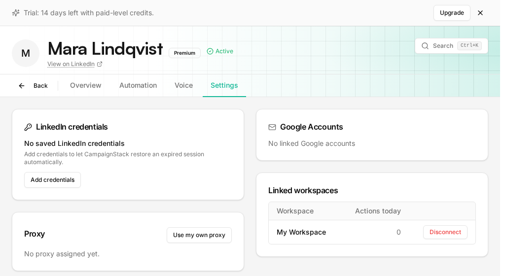 An account's Settings tab with the proxy card and the session controls