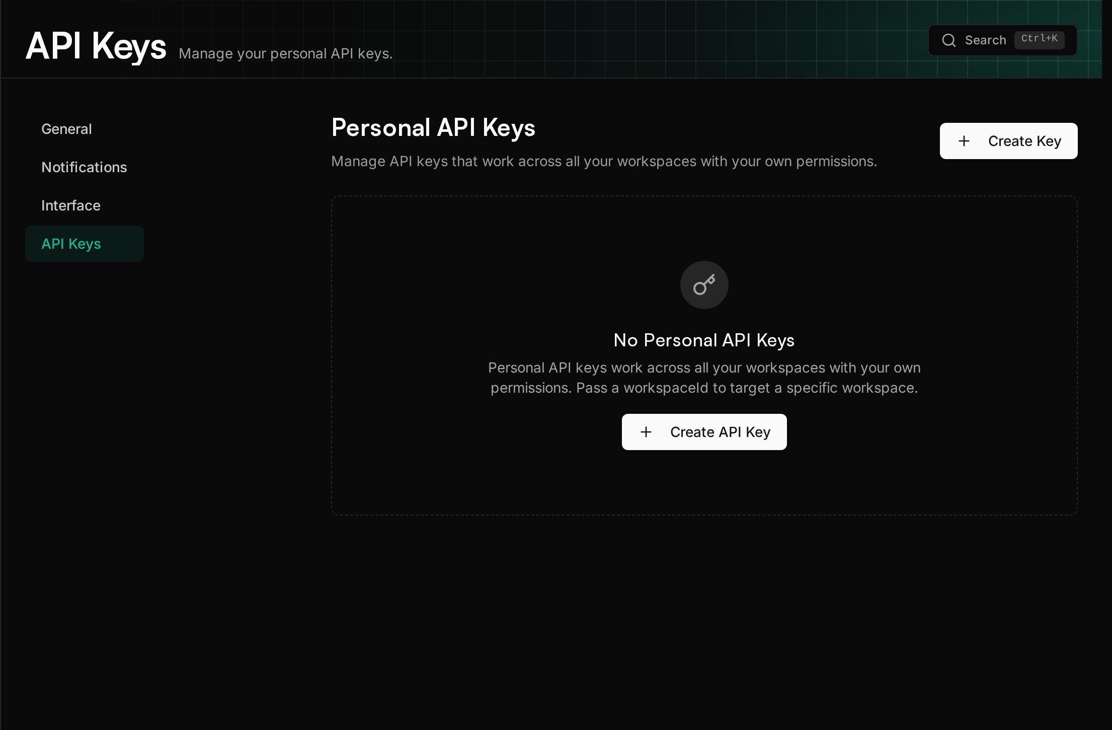 The API keys page, with Create key at the top right.