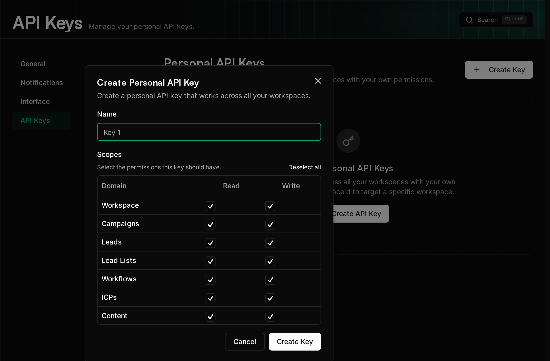 The Create key dialog. All scopes are preselected.