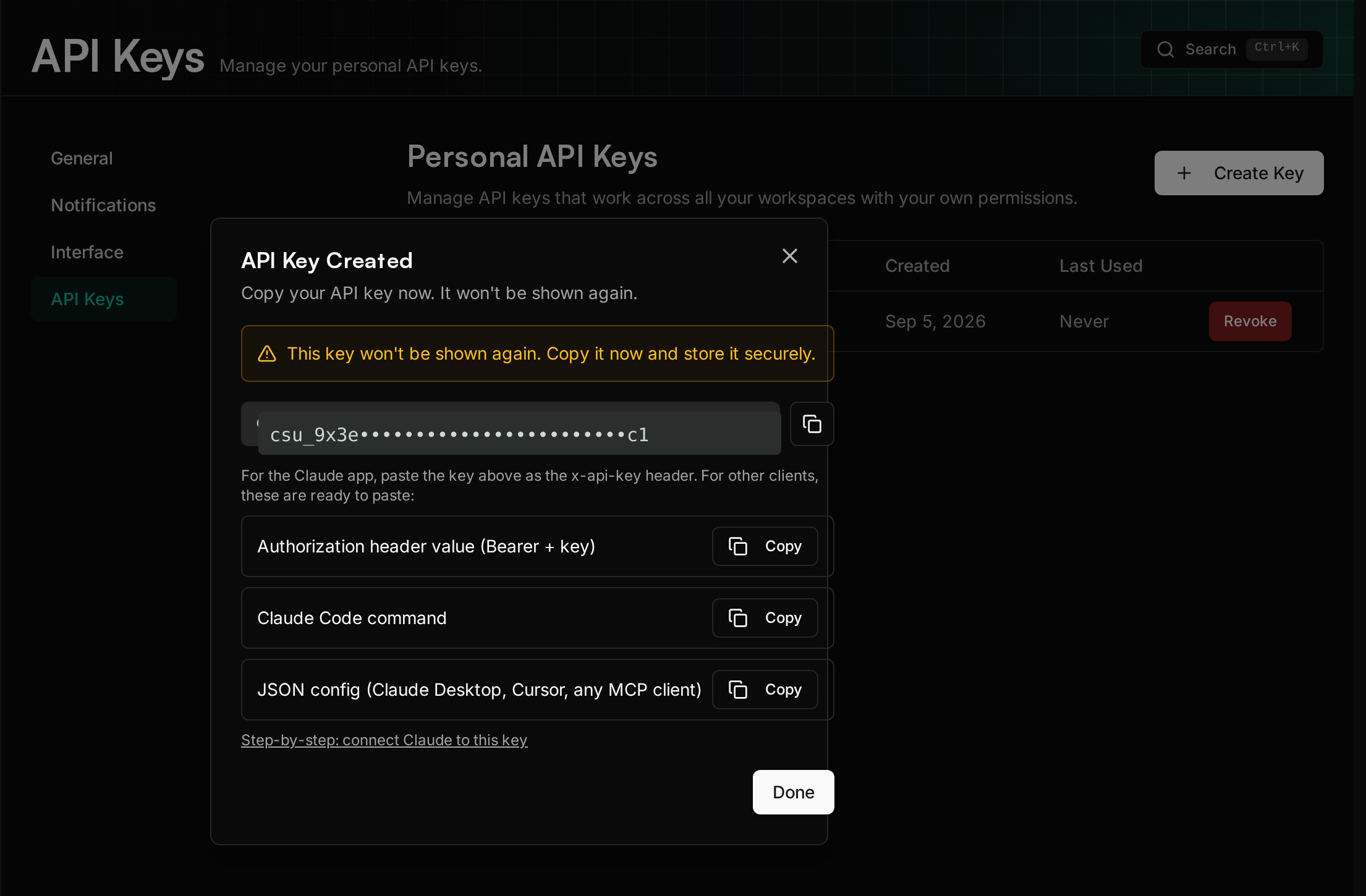 The key, shown once, with the ready-to-paste snippets under it.