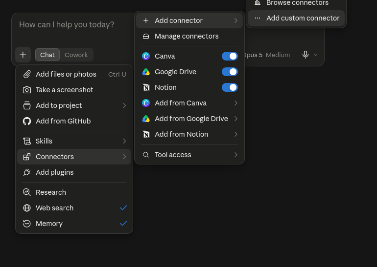 The "+" menu: Connectors, then Add connector, then Add custom connector.