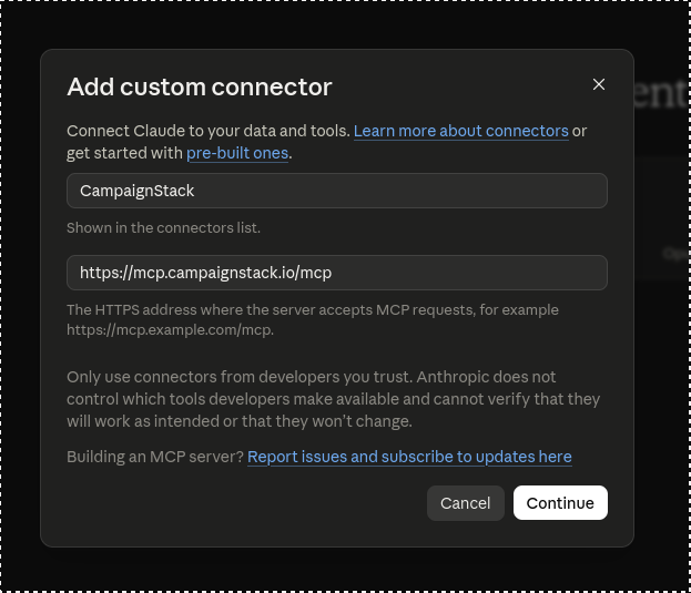 Name and URL, then Continue.