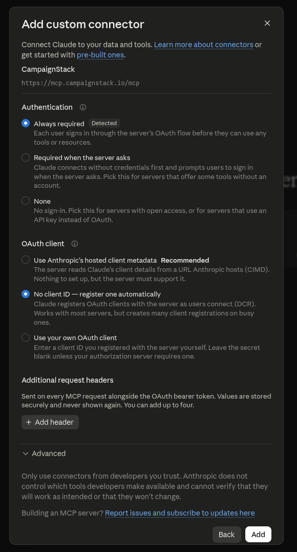 Authentication set to None. Ignore the detected OAuth option.