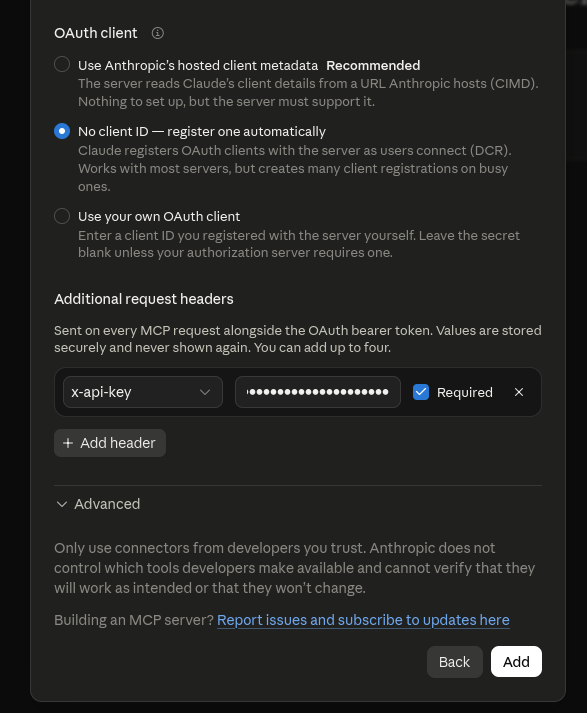 One request header: x-api-key with the key as its value, Required ticked.