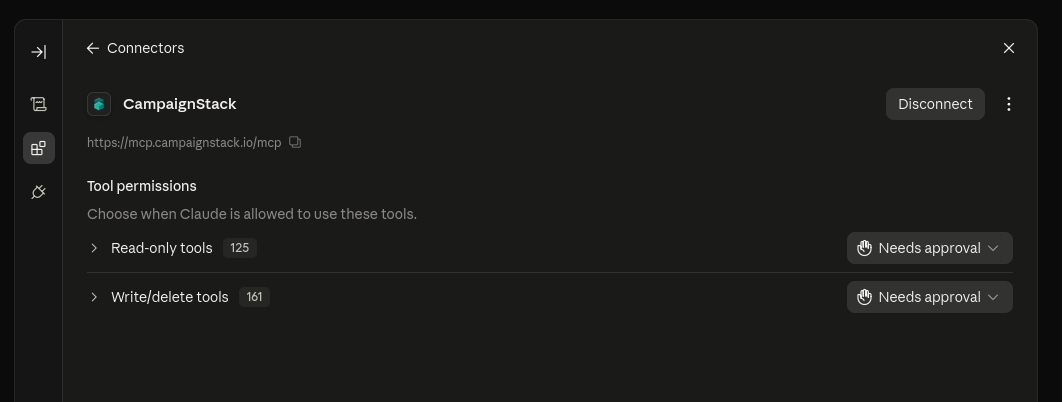 Connected: the read-only and write tool groups, each with an approval setting.